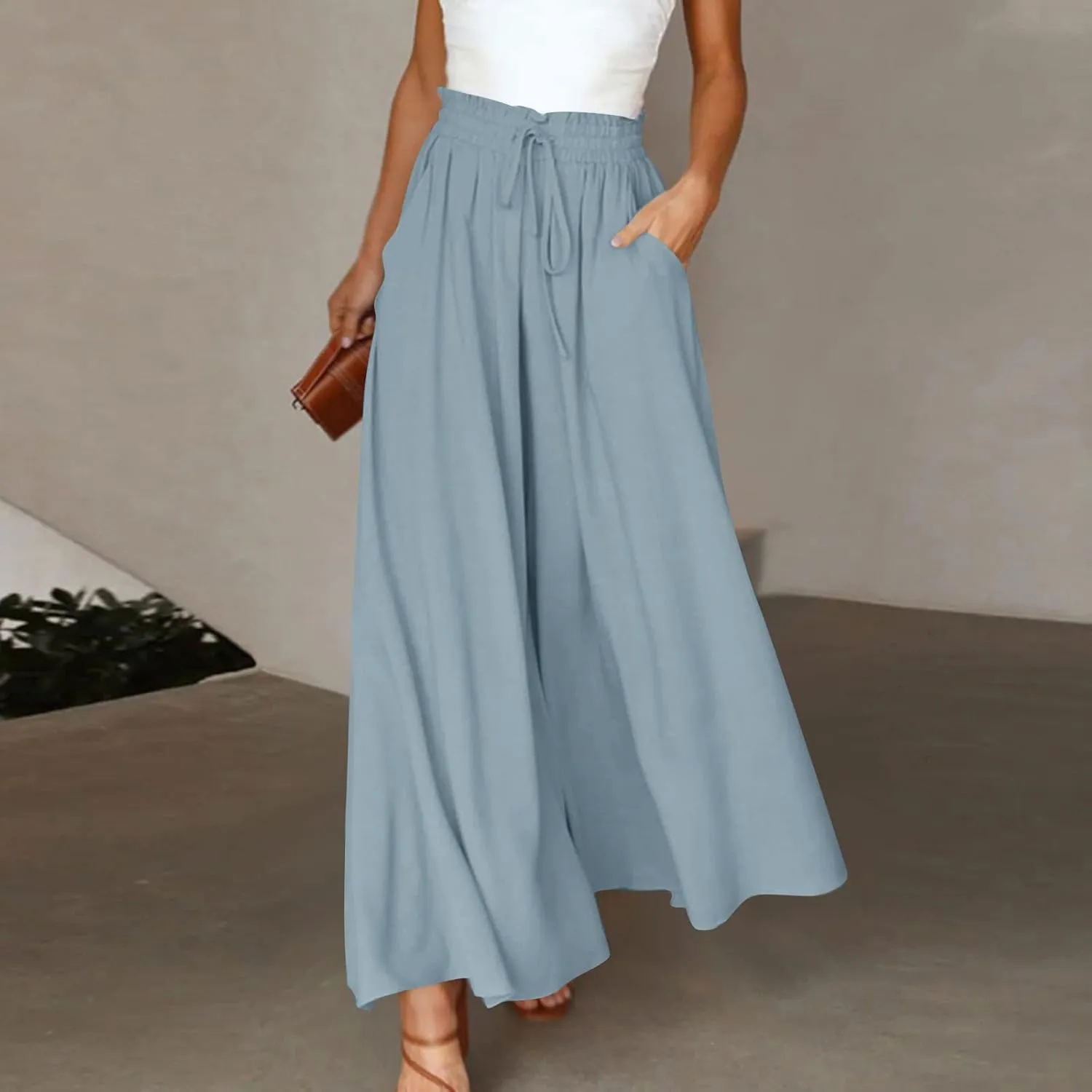 Culottes for Women Chiffon Dressy Casual Wide Leg Pants Elegant Baggy Elastic High Waisted Palazzo Pants with Pockets
