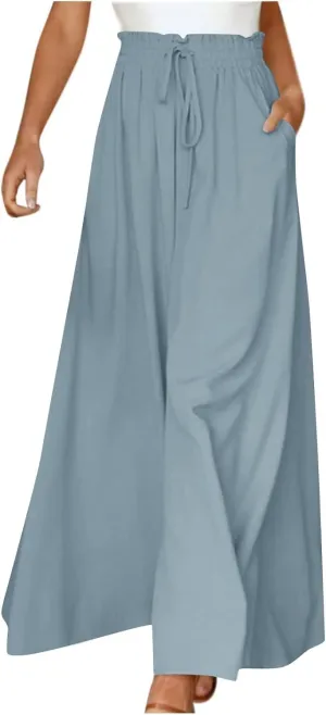 Culottes for Women Chiffon Dressy Casual Wide Leg Pants Elegant Baggy Elastic High Waisted Palazzo Pants with Pockets