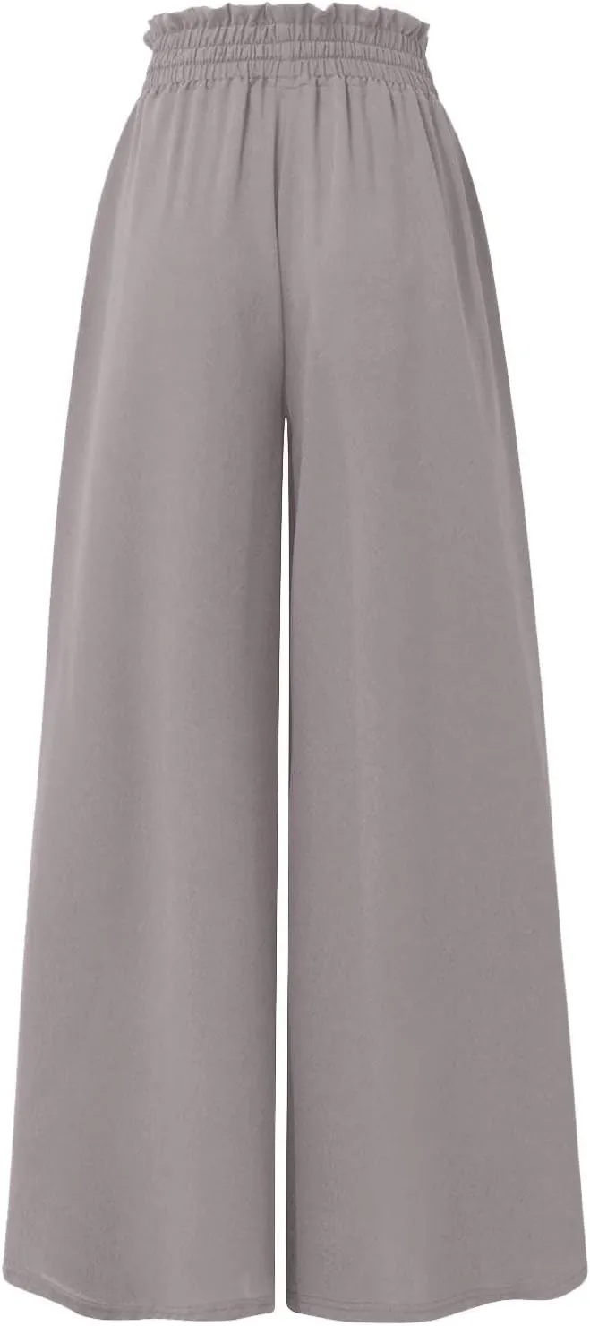 Culottes for Women Chiffon Dressy Casual Wide Leg Pants Elegant Baggy Elastic High Waisted Palazzo Pants with Pockets