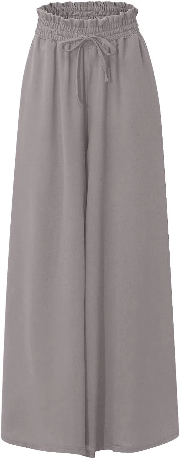 Culottes for Women Chiffon Dressy Casual Wide Leg Pants Elegant Baggy Elastic High Waisted Palazzo Pants with Pockets