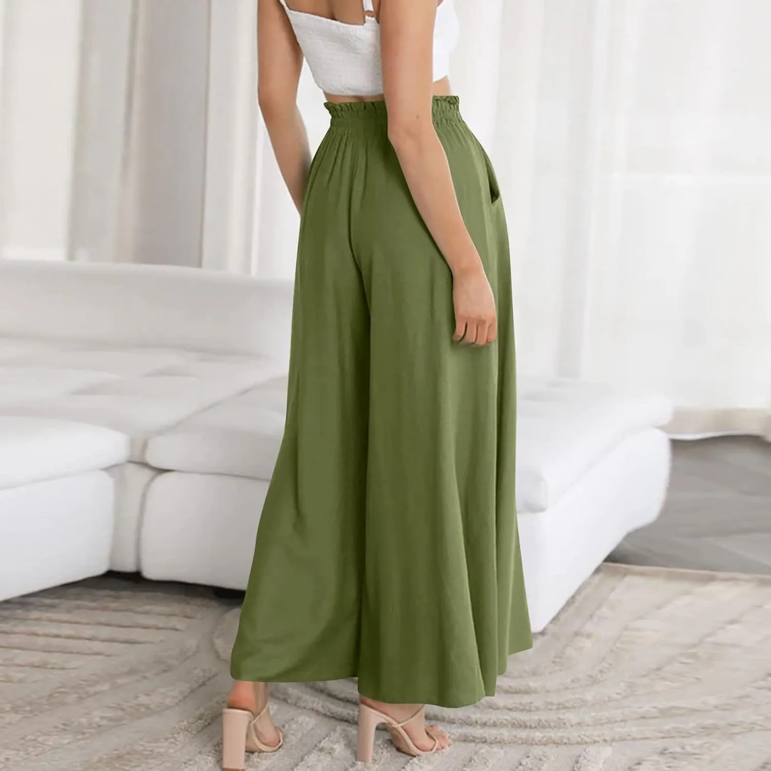 Culottes for Women Chiffon Dressy Casual Wide Leg Pants Elegant Baggy Elastic High Waisted Palazzo Pants with Pockets