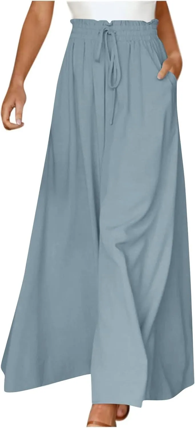 Culottes for Women Chiffon Dressy Casual Wide Leg Pants Elegant Baggy Elastic High Waisted Palazzo Pants with Pockets