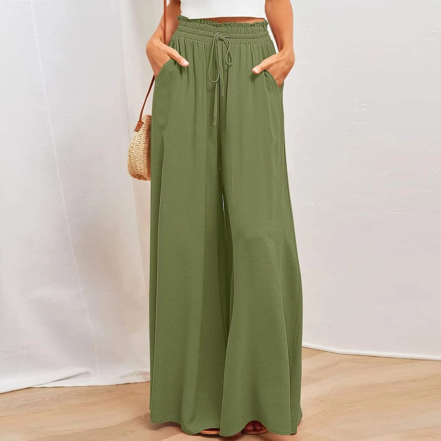 Culottes for Women Chiffon Dressy Casual Wide Leg Pants Elegant Baggy Elastic High Waisted Palazzo Pants with Pockets