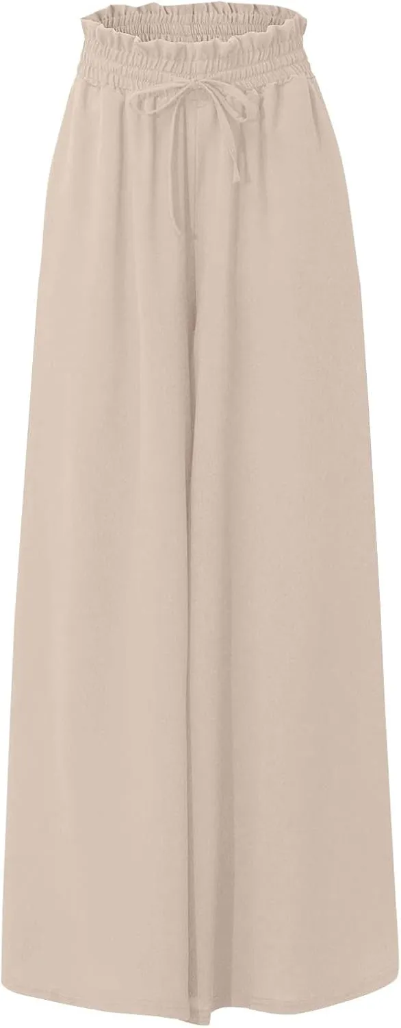 Culottes for Women Chiffon Dressy Casual Wide Leg Pants Elegant Baggy Elastic High Waisted Palazzo Pants with Pockets