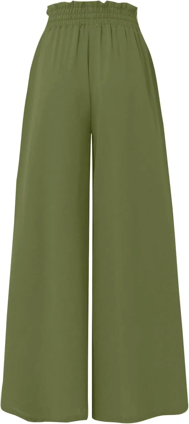 Culottes for Women Chiffon Dressy Casual Wide Leg Pants Elegant Baggy Elastic High Waisted Palazzo Pants with Pockets