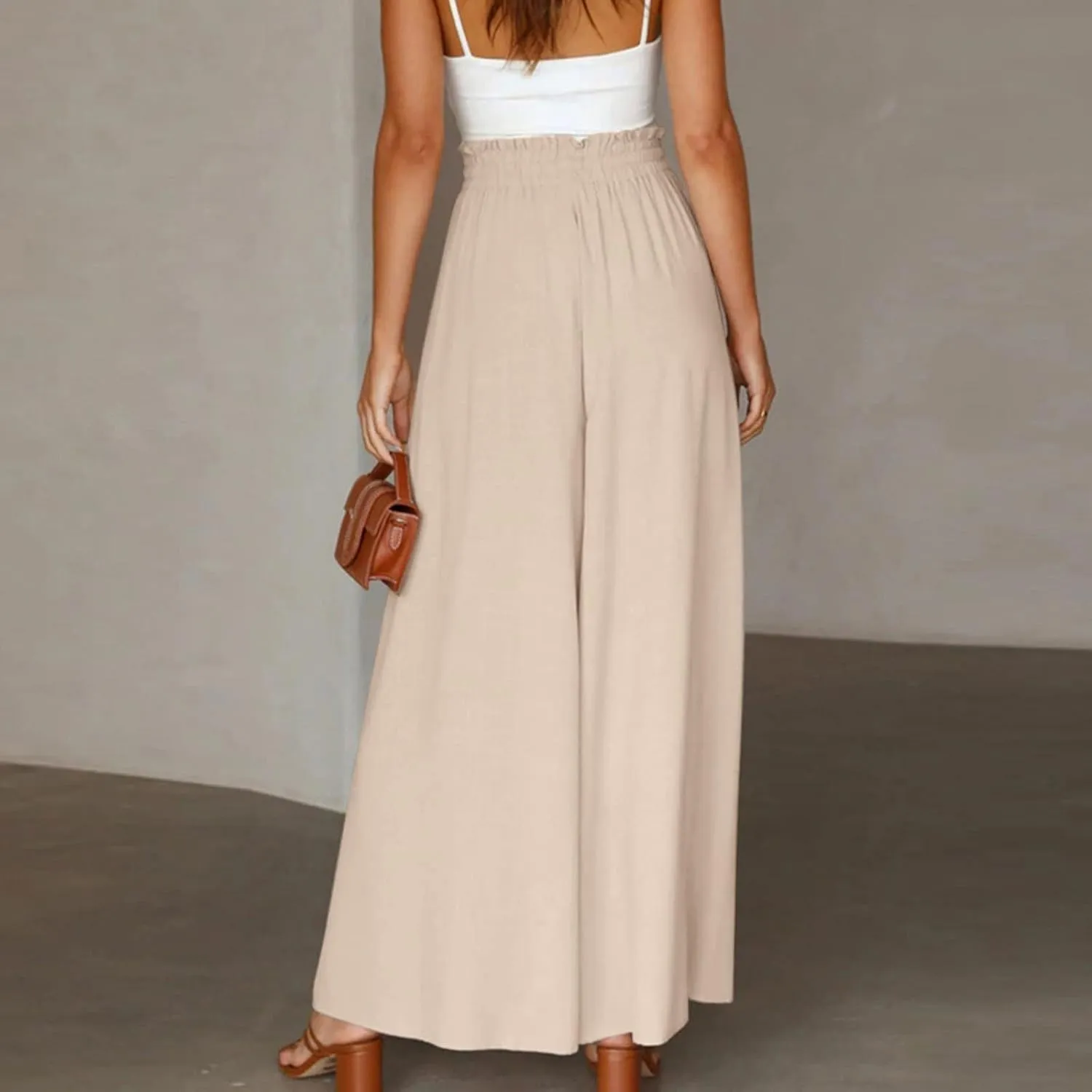 Culottes for Women Chiffon Dressy Casual Wide Leg Pants Elegant Baggy Elastic High Waisted Palazzo Pants with Pockets