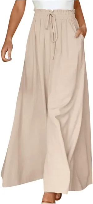 Culottes for Women Chiffon Dressy Casual Wide Leg Pants Elegant Baggy Elastic High Waisted Palazzo Pants with Pockets