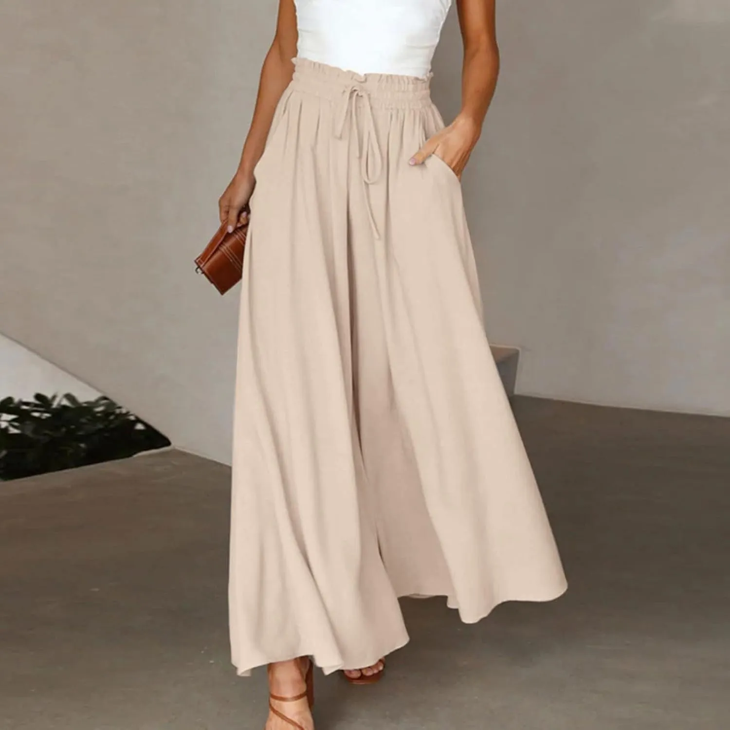 Culottes for Women Chiffon Dressy Casual Wide Leg Pants Elegant Baggy Elastic High Waisted Palazzo Pants with Pockets