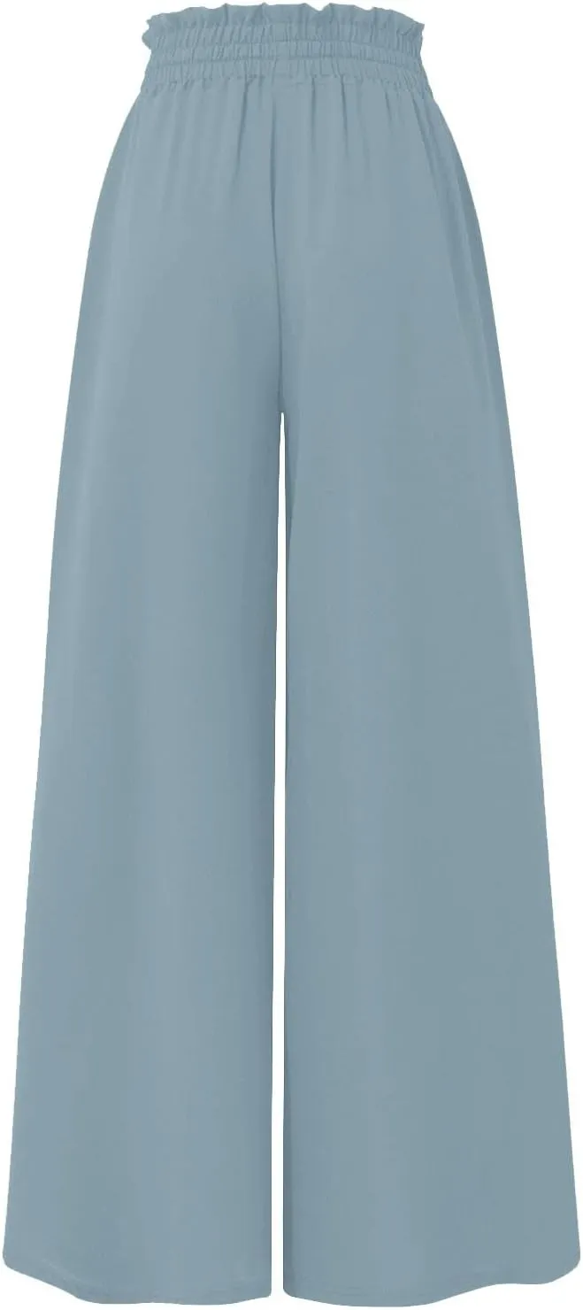 Culottes for Women Chiffon Dressy Casual Wide Leg Pants Elegant Baggy Elastic High Waisted Palazzo Pants with Pockets