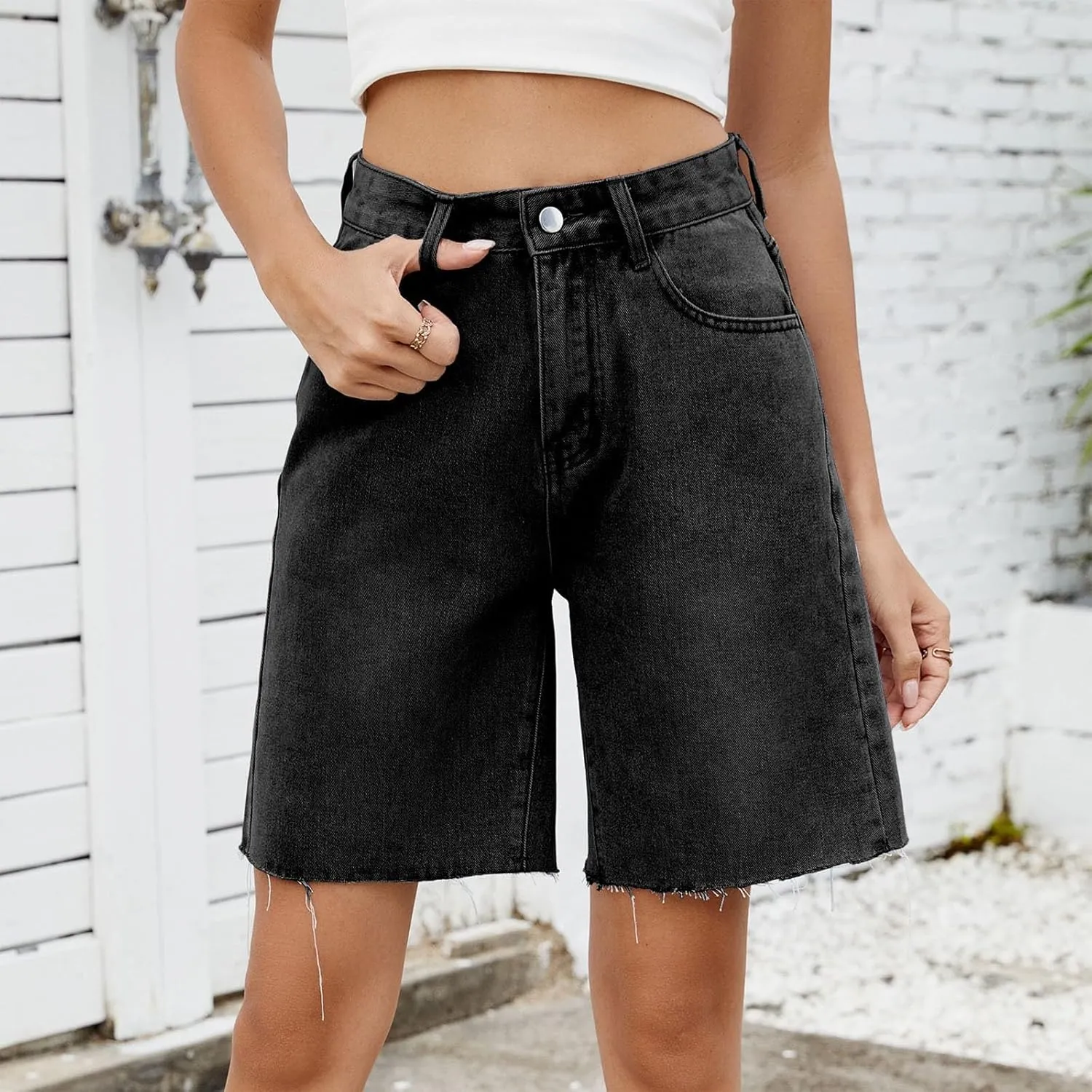 Denim Shorts for Women Wide Leg High Waisted Stretch Frayed Hem Long Jean Shorts Casual Summer Y2k Shorts with Pocket