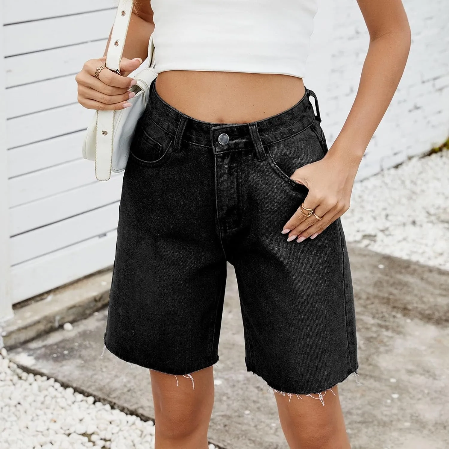 Denim Shorts for Women Wide Leg High Waisted Stretch Frayed Hem Long Jean Shorts Casual Summer Y2k Shorts with Pocket