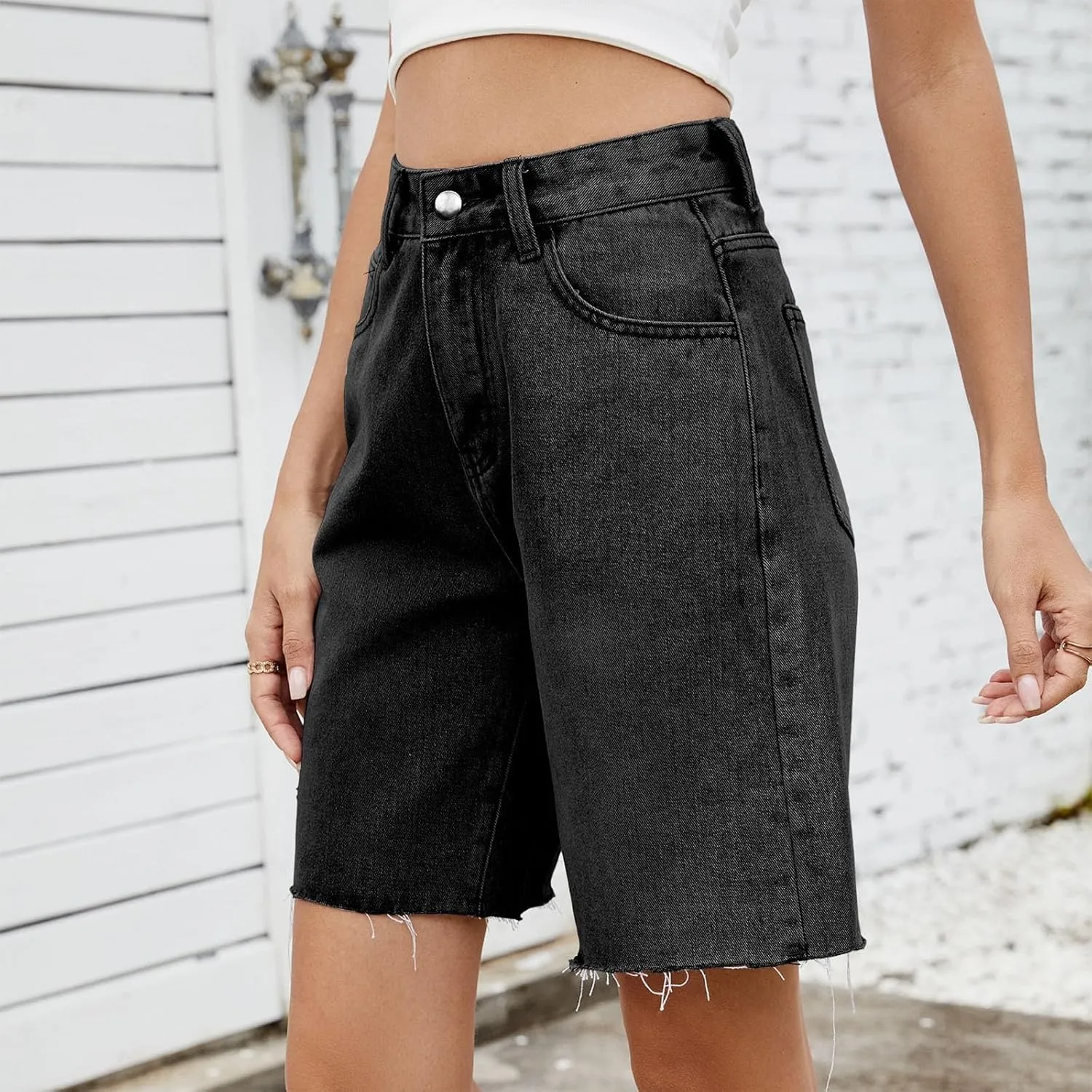 Denim Shorts for Women Wide Leg High Waisted Stretch Frayed Hem Long Jean Shorts Casual Summer Y2k Shorts with Pocket