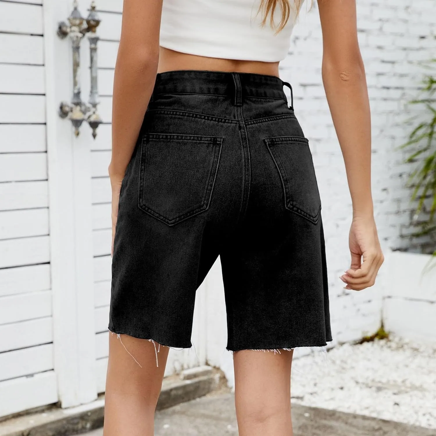 Denim Shorts for Women Wide Leg High Waisted Stretch Frayed Hem Long Jean Shorts Casual Summer Y2k Shorts with Pocket