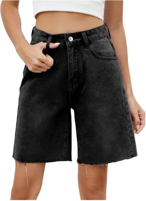 Denim Shorts for Women Wide Leg High Waisted Stretch Frayed Hem Long Jean Shorts Casual Summer Y2k Shorts with Pocket