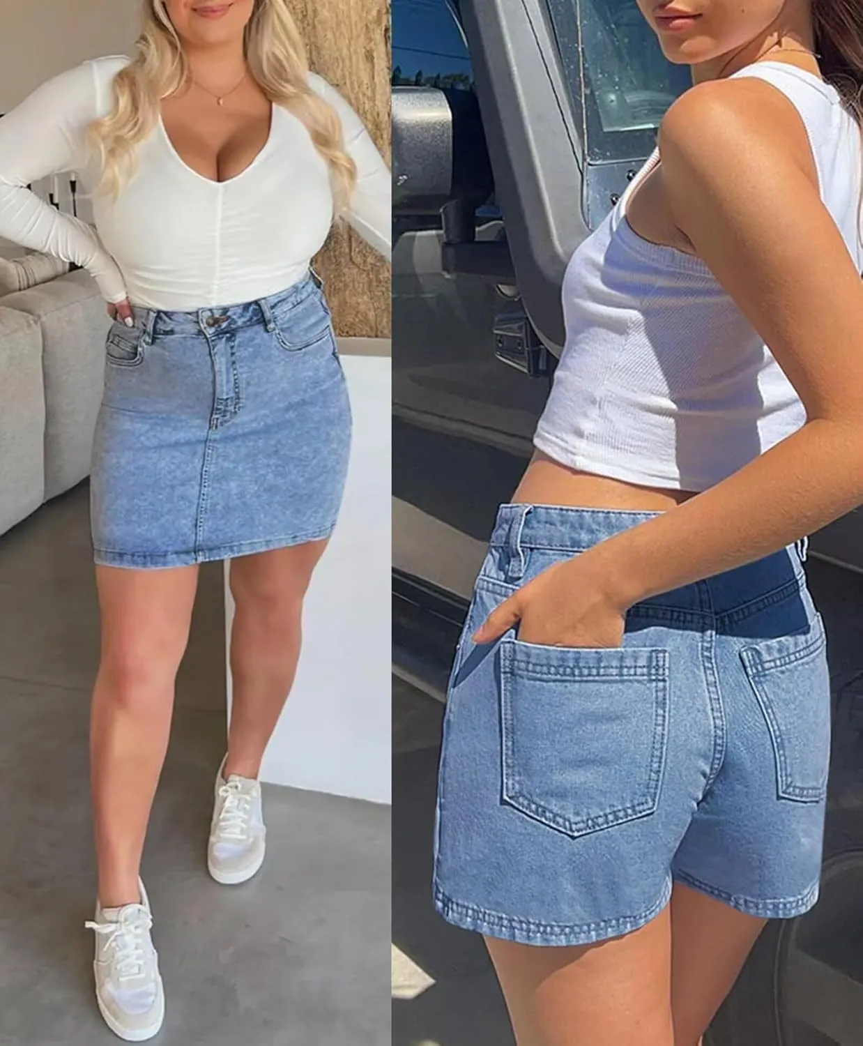 Denim Skort for Women - Mini High Waisted Stretchy Jean Skirt 13" Length with Shorts,Summer Curvy Denim Skorts Shorts