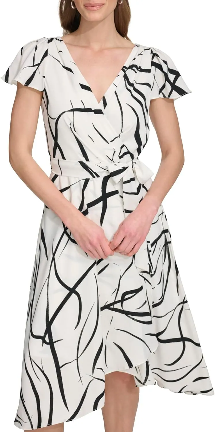 DKNY Women's Flutter Sleeve Fuax Wrap Dress