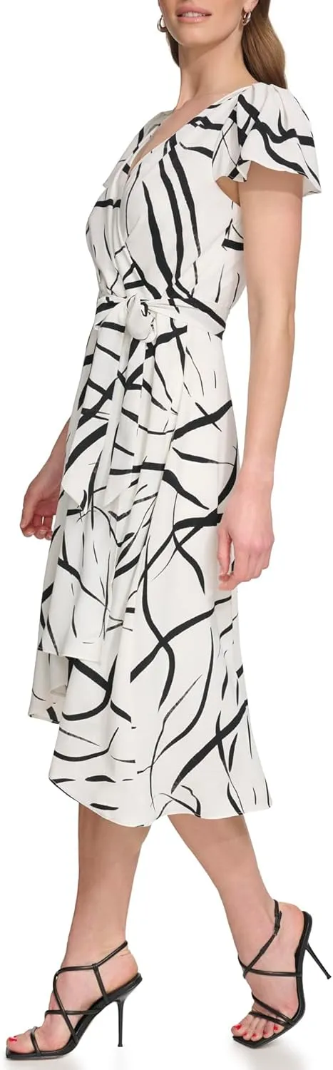 DKNY Women's Flutter Sleeve Fuax Wrap Dress
