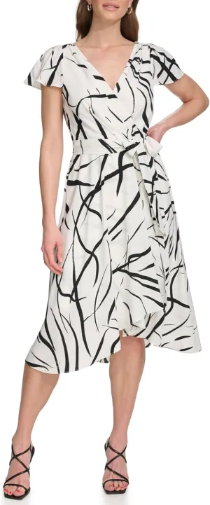 DKNY Women's Flutter Sleeve Fuax Wrap Dress