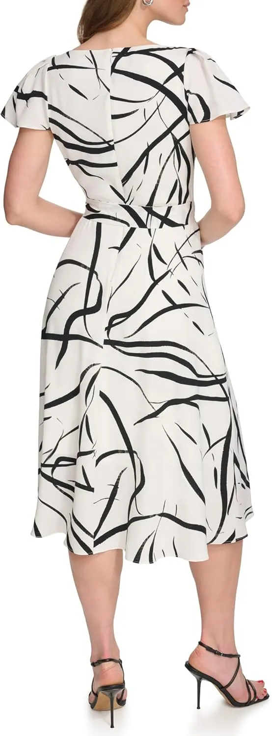 DKNY Women's Flutter Sleeve Fuax Wrap Dress