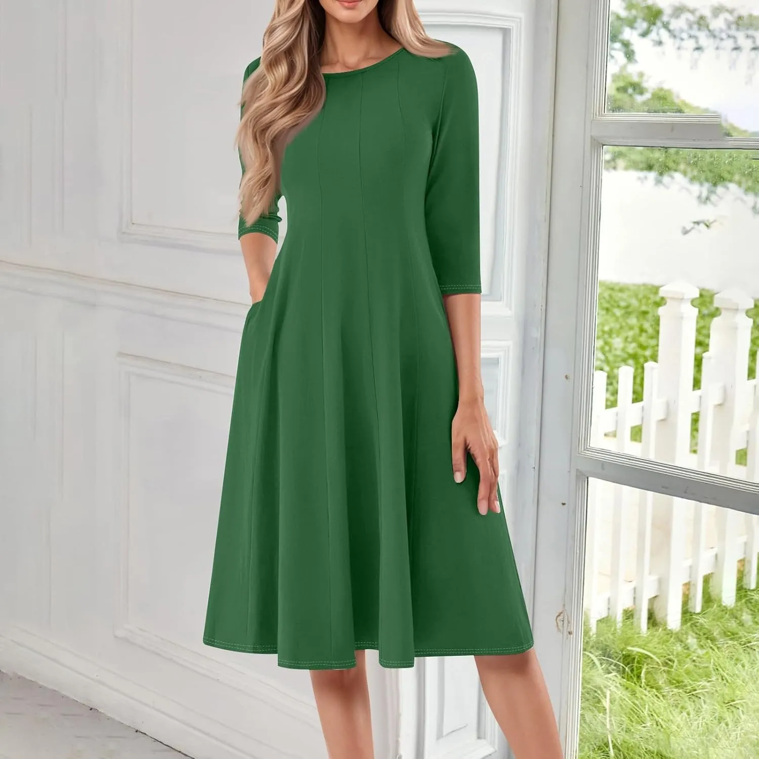 Dress for Women 3/4 Sleeve Spring Wrap Dress Solid Plain Ruched Midi Dresses Summer Crewneck Flowy Dresses with Pocket