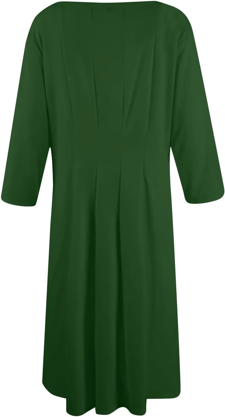 Dress for Women 3/4 Sleeve Spring Wrap Dress Solid Plain Ruched Midi Dresses Summer Crewneck Flowy Dresses with Pocket