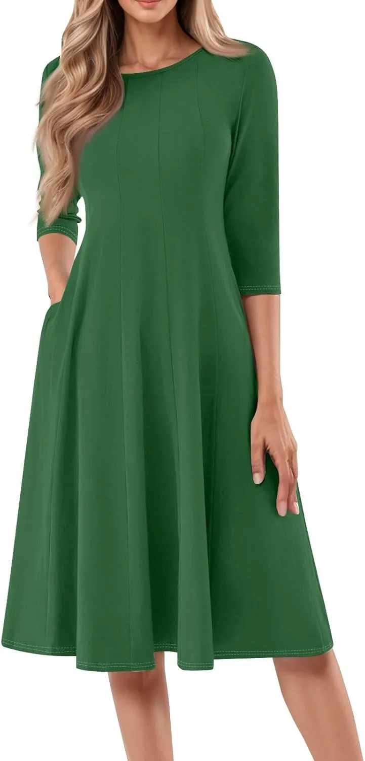 Dress for Women 3/4 Sleeve Spring Wrap Dress Solid Plain Ruched Midi Dresses Summer Crewneck Flowy Dresses with Pocket