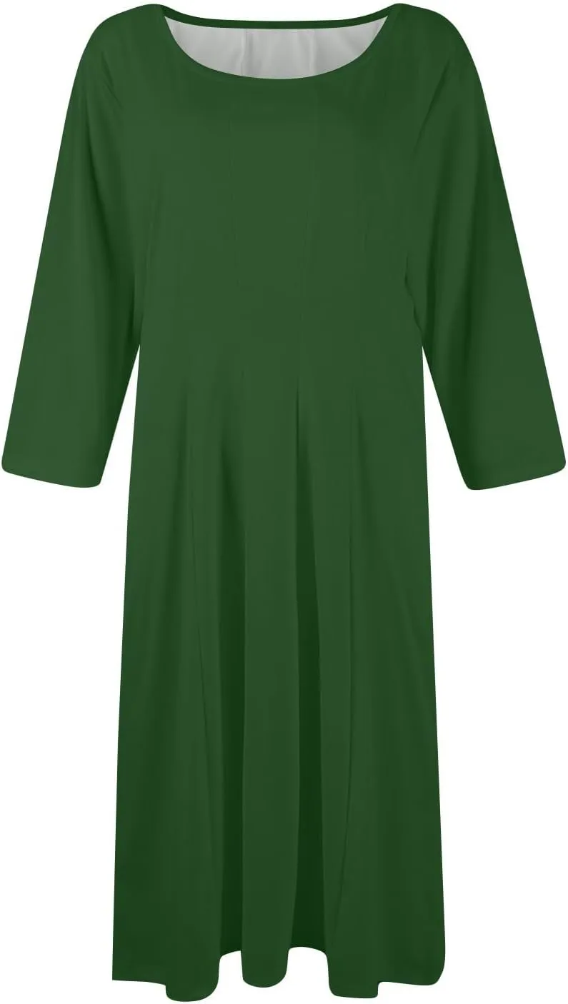 Dress for Women 3/4 Sleeve Spring Wrap Dress Solid Plain Ruched Midi Dresses Summer Crewneck Flowy Dresses with Pocket