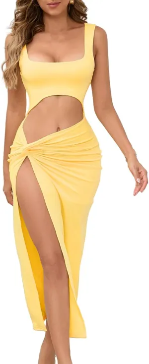 Dresses for Women 2025 Sleeveless Square Neck Maxi Dress Cutout Twist Side Slit Dress Summer Casual Sexy Dresses
