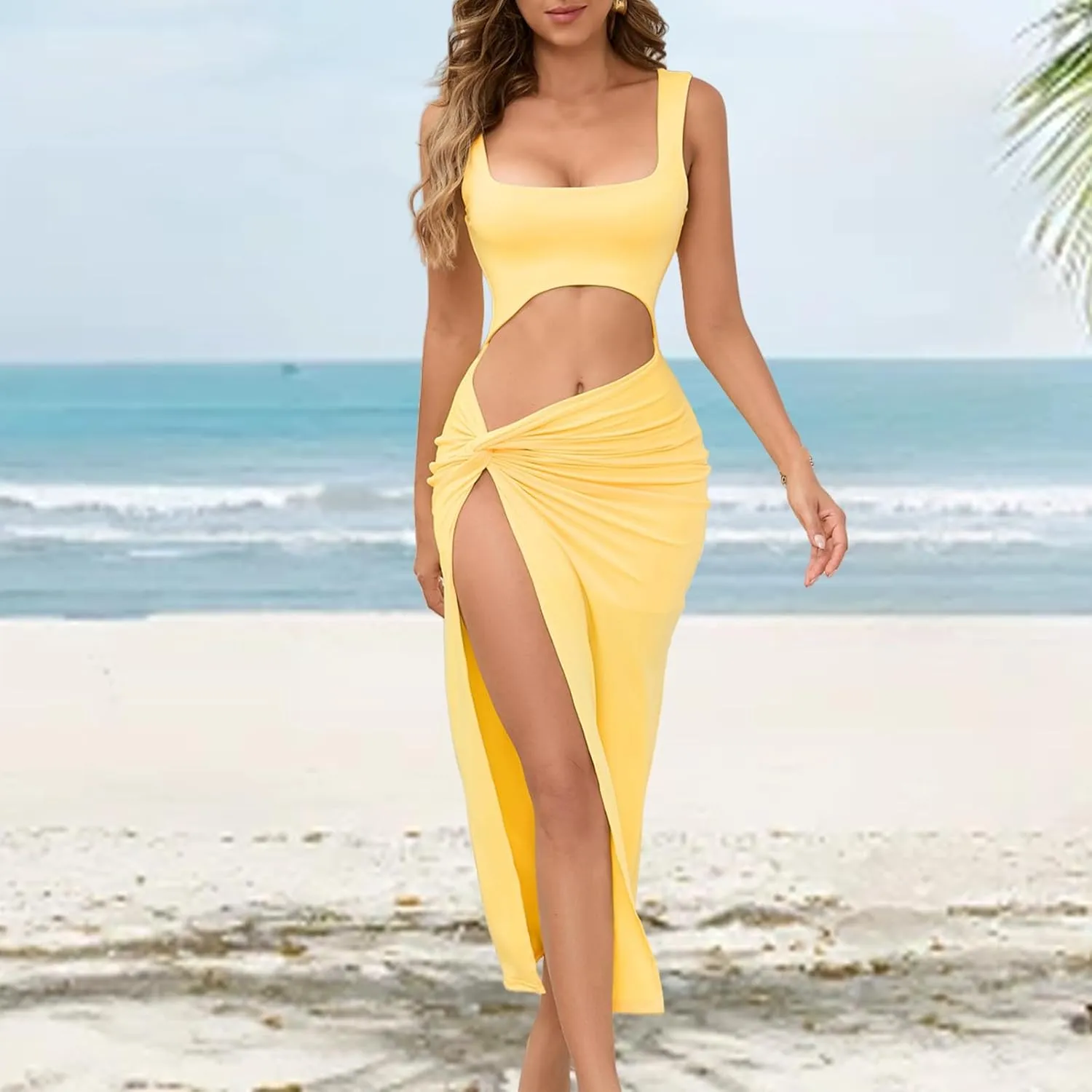 Dresses for Women 2025 Sleeveless Square Neck Maxi Dress Cutout Twist Side Slit Dress Summer Casual Sexy Dresses
