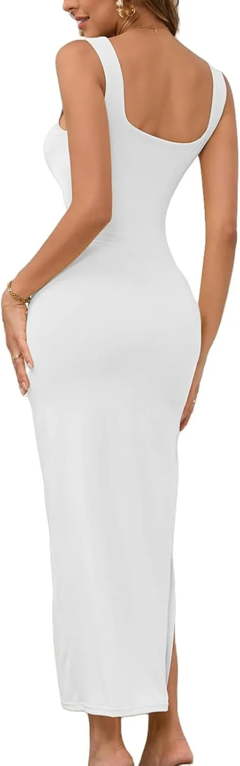 Dresses for Women 2025 Sleeveless Square Neck Maxi Dress Cutout Twist Side Slit Dress Summer Casual Sexy Dresses