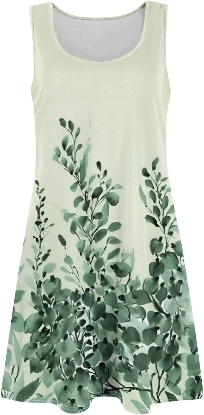 Dresses for Women Spring Mini Tank Dress Sun Dresses Sleeveless A Line Dress Boho Summer Floral with Pocket