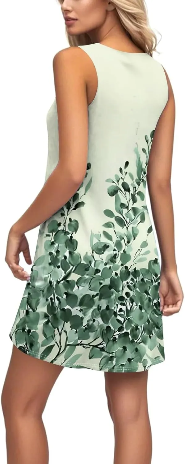 Dresses for Women Spring Mini Tank Dress Sun Dresses Sleeveless A Line Dress Boho Summer Floral with Pocket