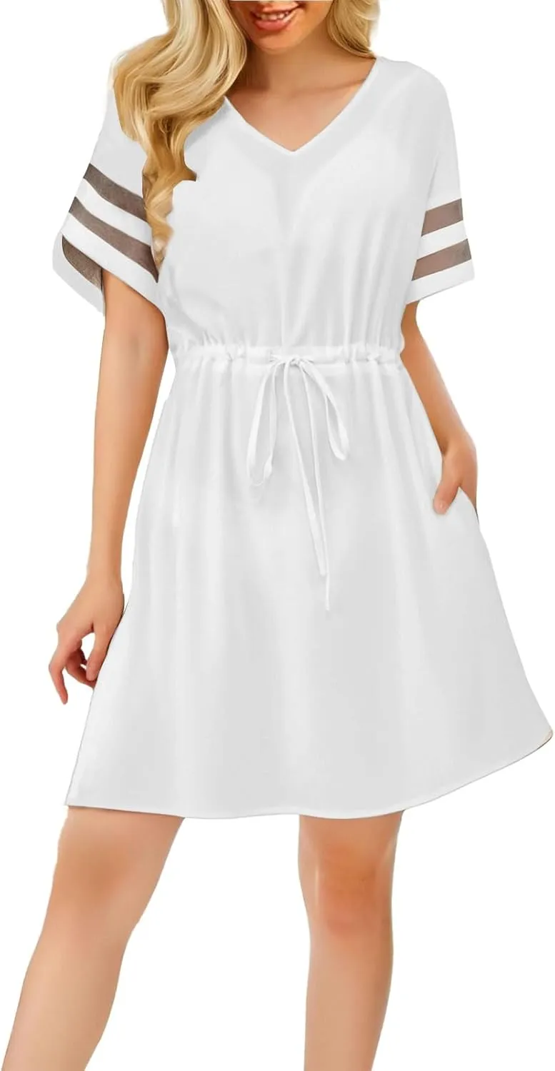Dresses for Women Summer V Neck Short Sleeve Mini Beach Dress Waist Drawstring A-Line Sundresses