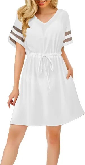 Dresses for Women Summer V Neck Short Sleeve Mini Beach Dress Waist Drawstring A-Line Sundresses
