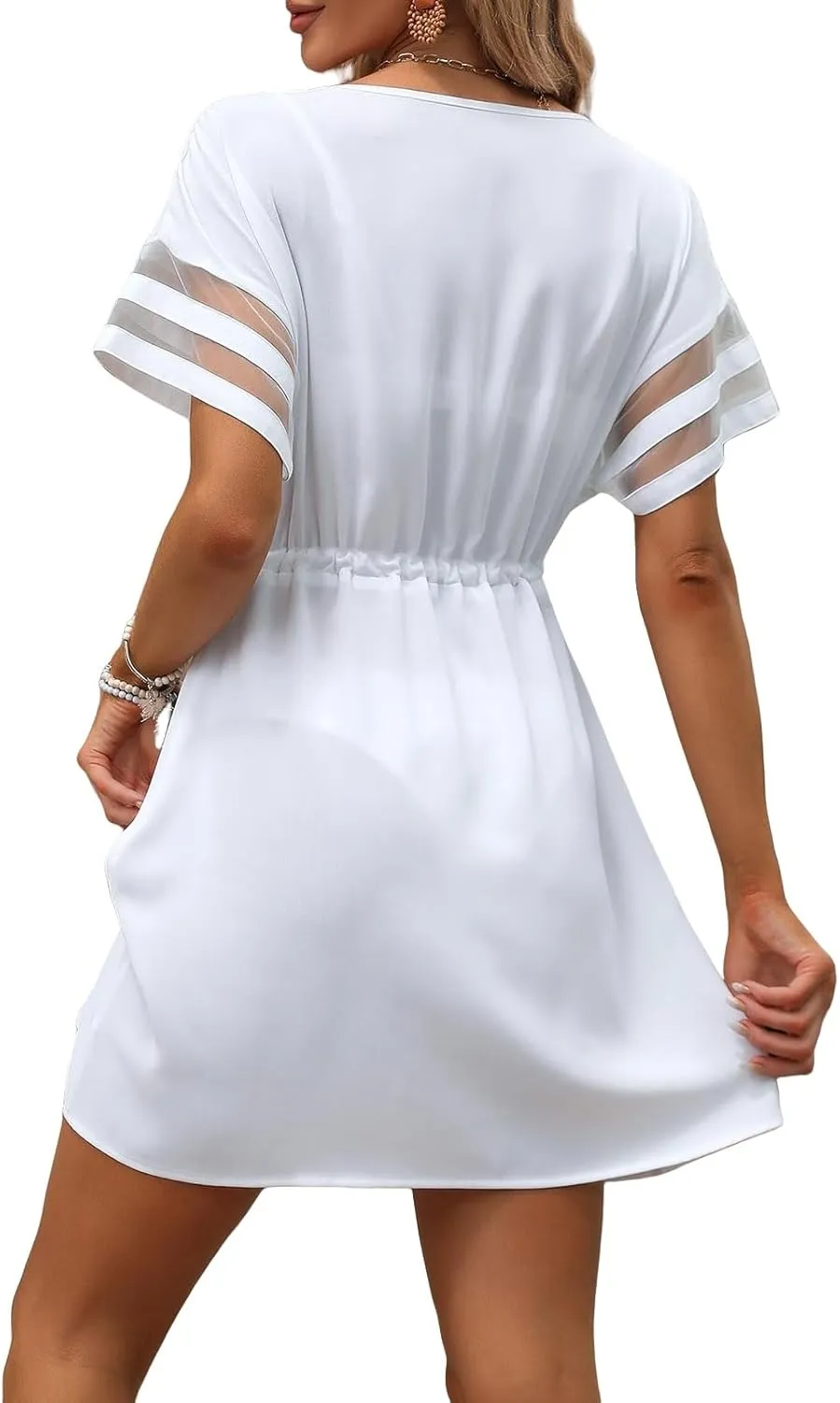 Dresses for Women Summer V Neck Short Sleeve Mini Beach Dress Waist Drawstring A-Line Sundresses