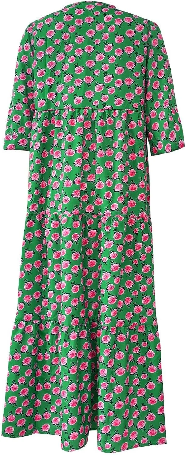 Dresses for Women V Neck Puff Sleeve Bohemian Dress Floral Flowy Beach Casual Long Sundress