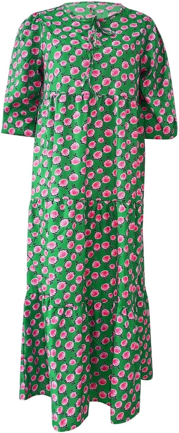 Dresses for Women V Neck Puff Sleeve Bohemian Dress Floral Flowy Beach Casual Long Sundress