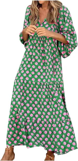 Dresses for Women V Neck Puff Sleeve Bohemian Dress Floral Flowy Beach Casual Long Sundress