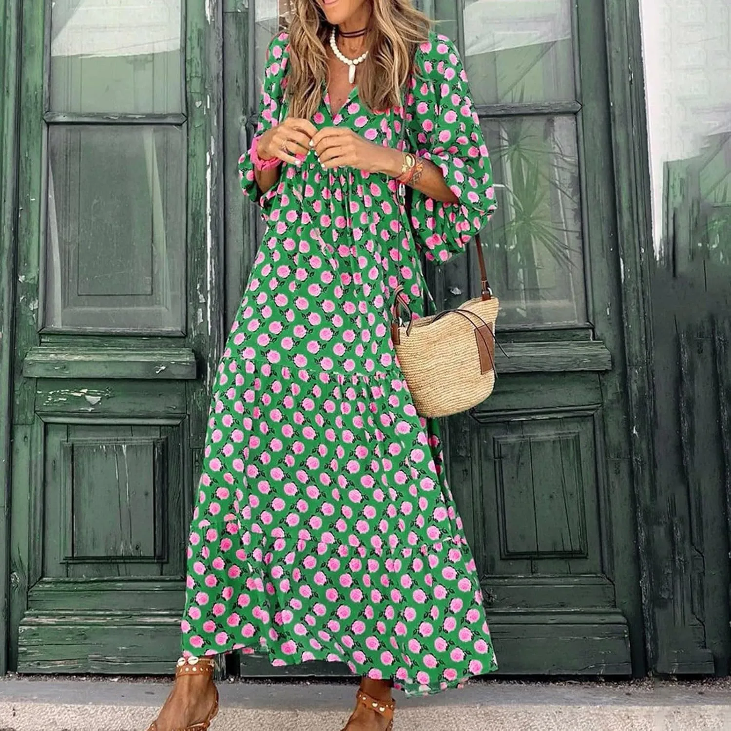 Dresses for Women V Neck Puff Sleeve Bohemian Dress Floral Flowy Beach Casual Long Sundress
