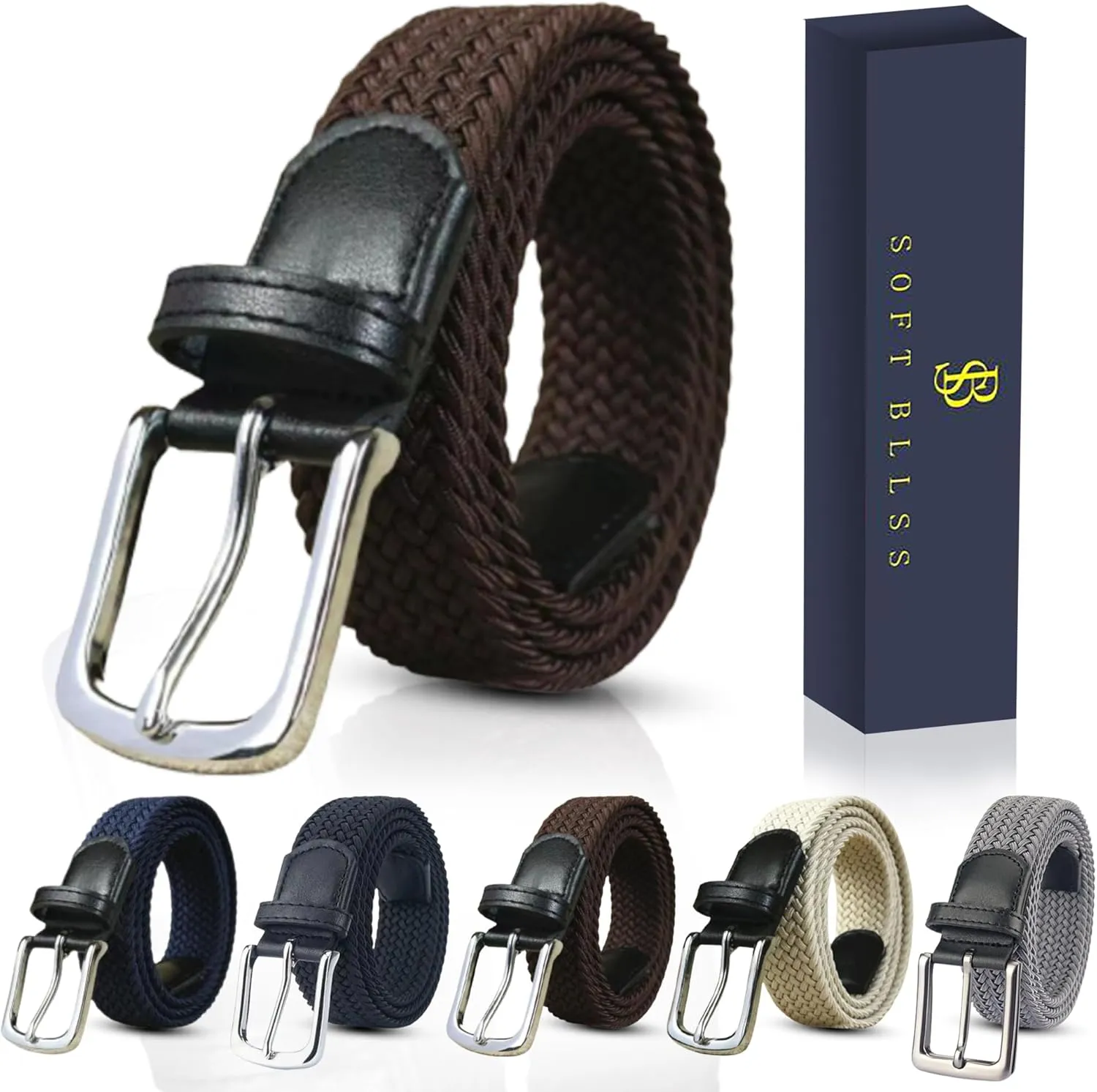 Elastic Mens Strech Belt - Casual Woven Braided Belt in Gift Box for Golf Pants, Shorts, Jeans