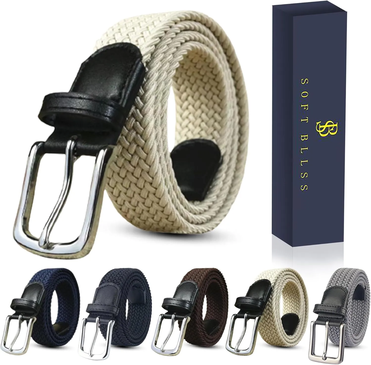 Elastic Mens Strech Belt - Casual Woven Braided Belt in Gift Box for Golf Pants, Shorts, Jeans