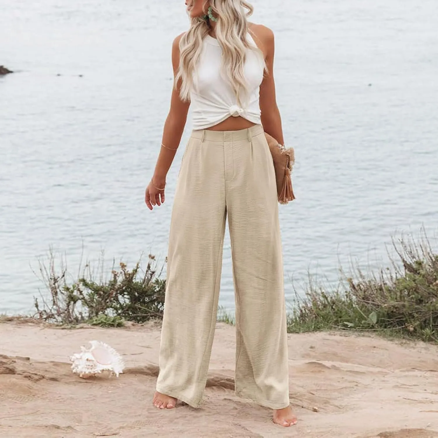 eoeioa Pull on Dress Pants for Women Elastic High Waisted Palazzo Pants Business Work Pants Wide Leg Beach Pants with Pockets