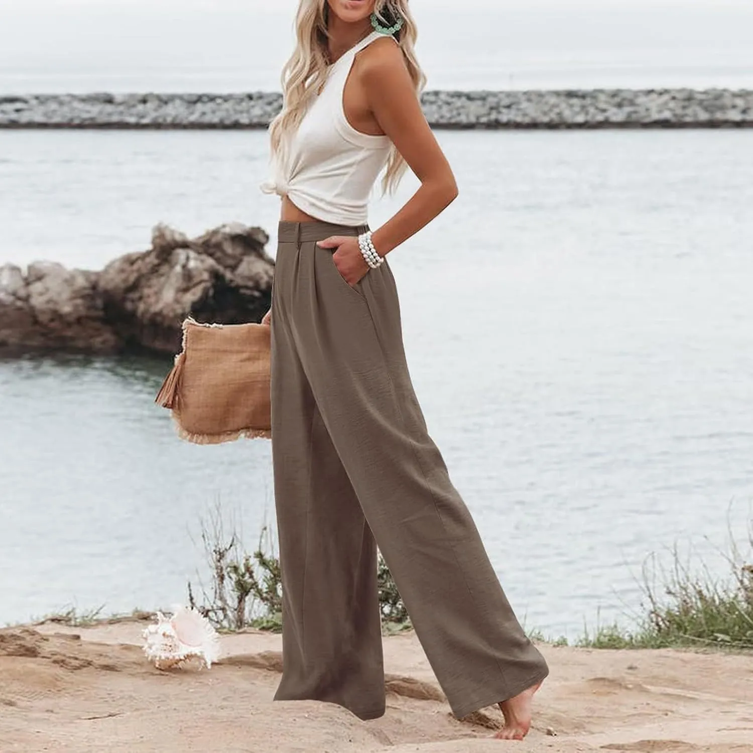 eoeioa Pull on Dress Pants for Women Elastic High Waisted Palazzo Pants Business Work Pants Wide Leg Beach Pants with Pockets