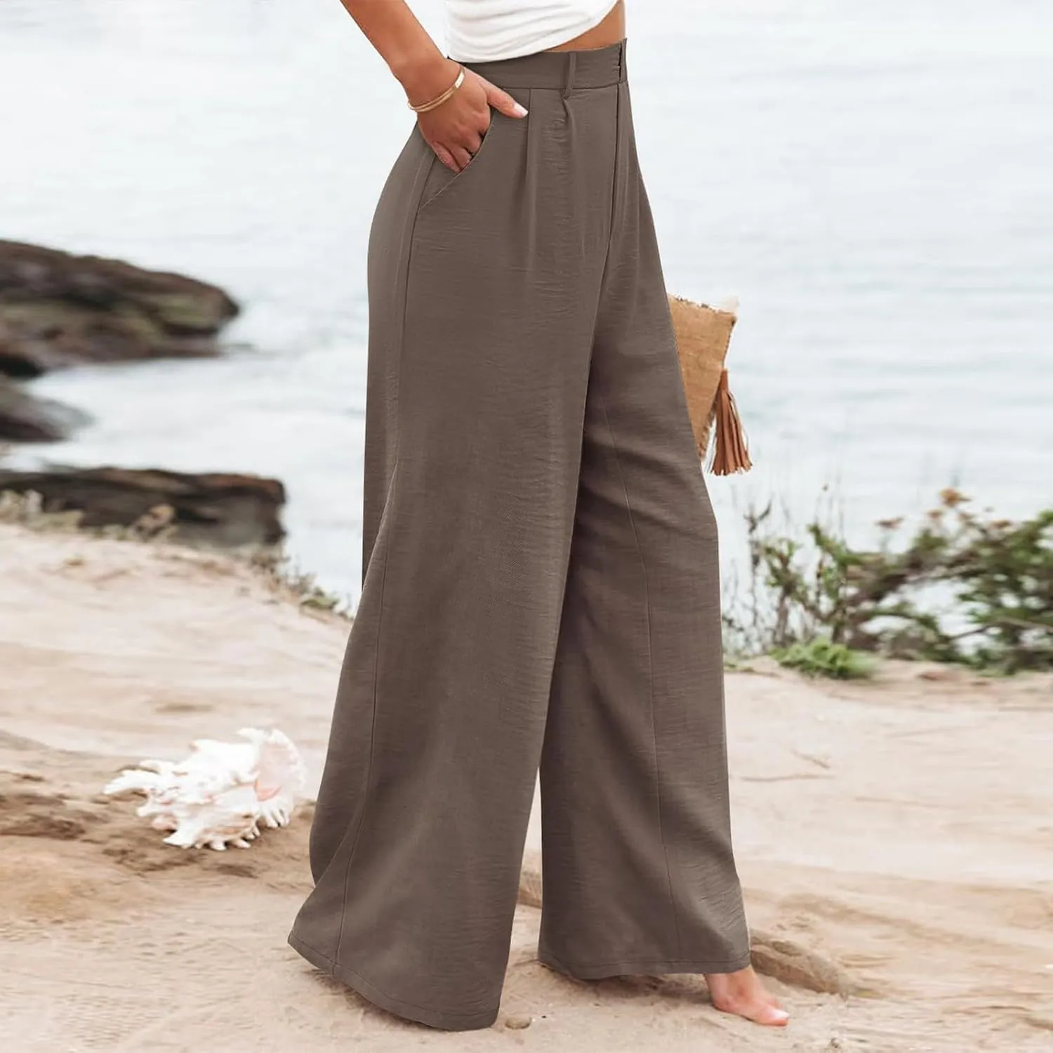 eoeioa Pull on Dress Pants for Women Elastic High Waisted Palazzo Pants Business Work Pants Wide Leg Beach Pants with Pockets