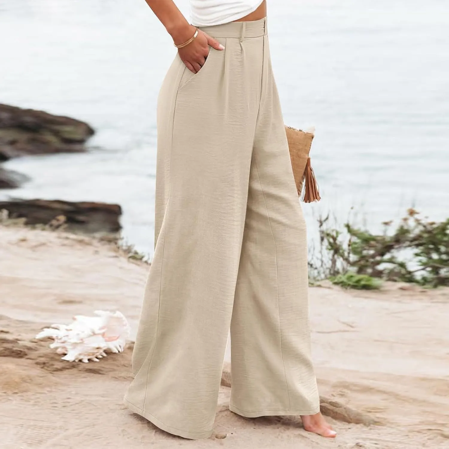 eoeioa Pull on Dress Pants for Women Elastic High Waisted Palazzo Pants Business Work Pants Wide Leg Beach Pants with Pockets