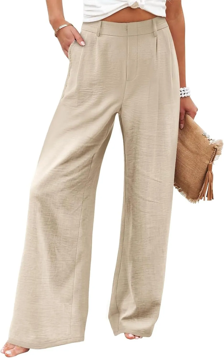 eoeioa Pull on Dress Pants for Women Elastic High Waisted Palazzo Pants Business Work Pants Wide Leg Beach Pants with Pockets