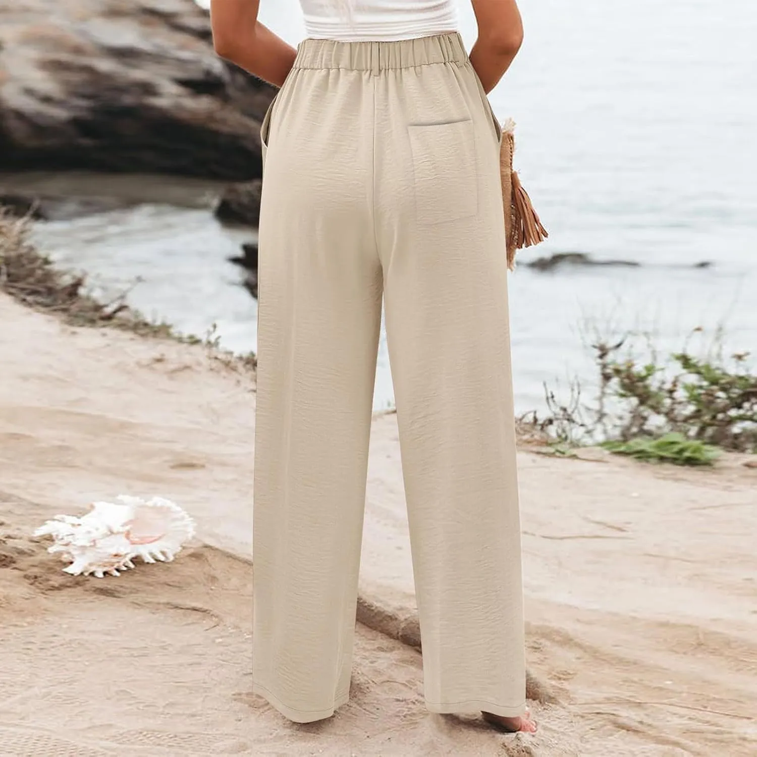 eoeioa Pull on Dress Pants for Women Elastic High Waisted Palazzo Pants Business Work Pants Wide Leg Beach Pants with Pockets
