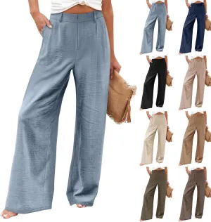 eoeioa Pull on Dress Pants for Women Elastic High Waisted Palazzo Pants Business Work Pants Wide Leg Beach Pants with Pockets
