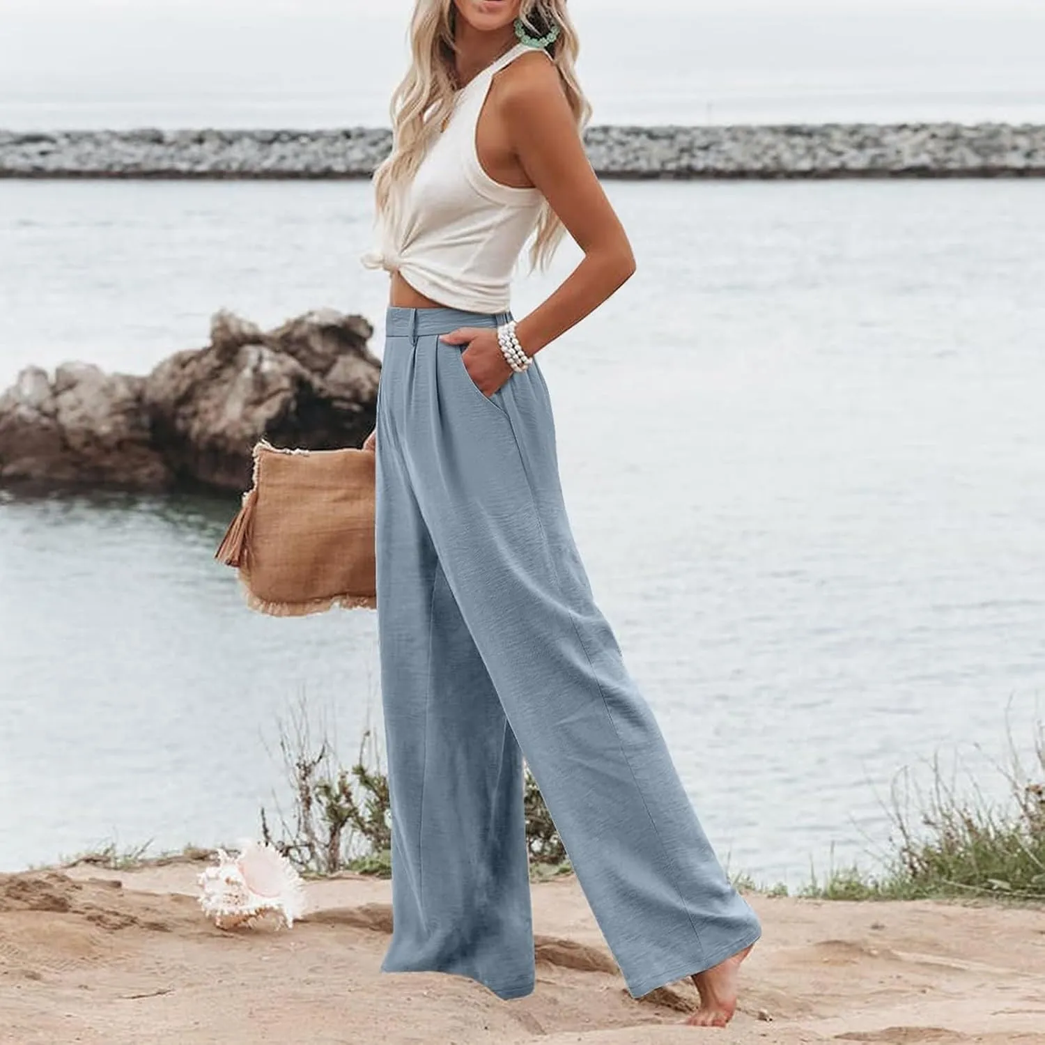 eoeioa Pull on Dress Pants for Women Elastic High Waisted Palazzo Pants Business Work Pants Wide Leg Beach Pants with Pockets