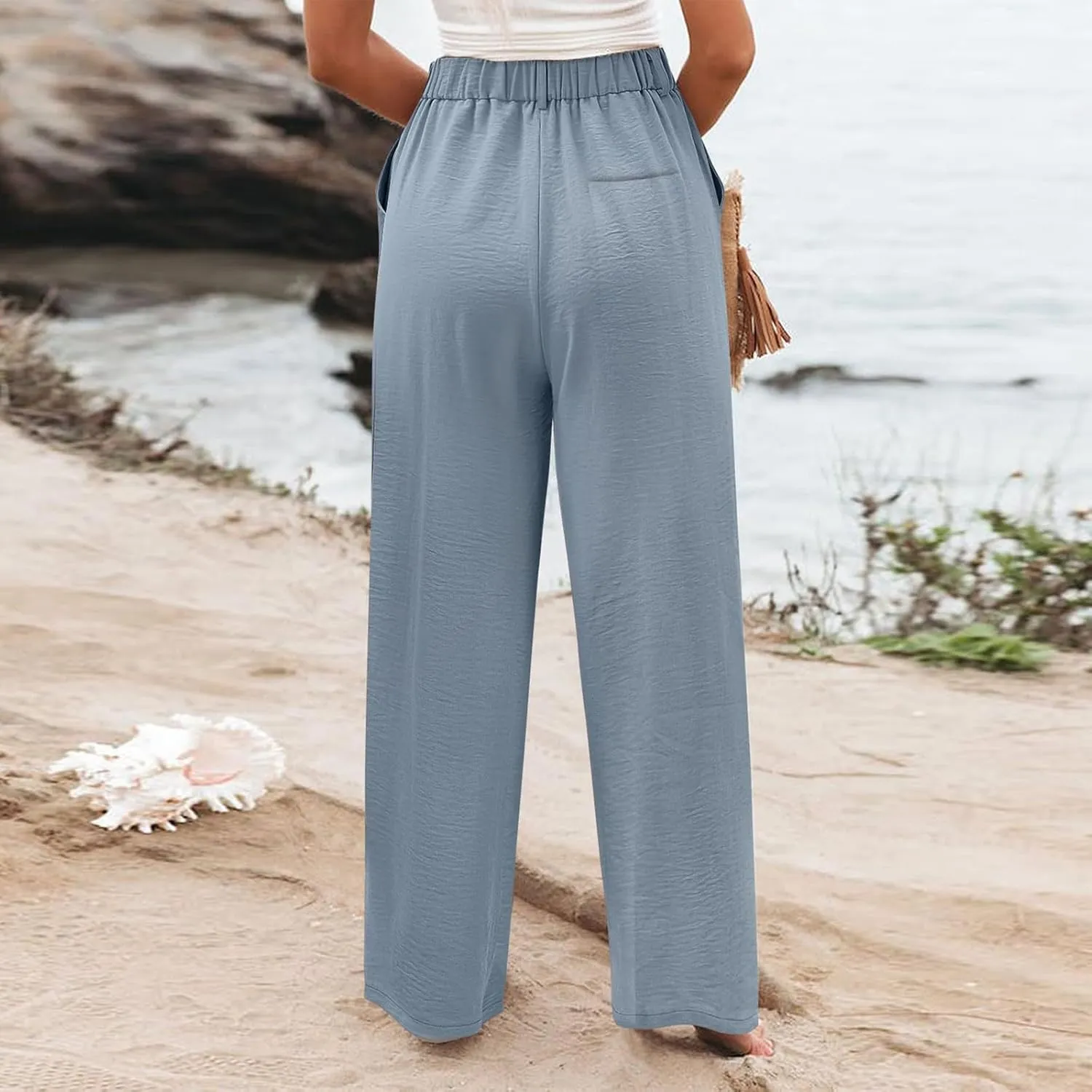 eoeioa Pull on Dress Pants for Women Elastic High Waisted Palazzo Pants Business Work Pants Wide Leg Beach Pants with Pockets